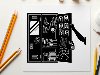 Silhouette of a black bag with various items inside and on it