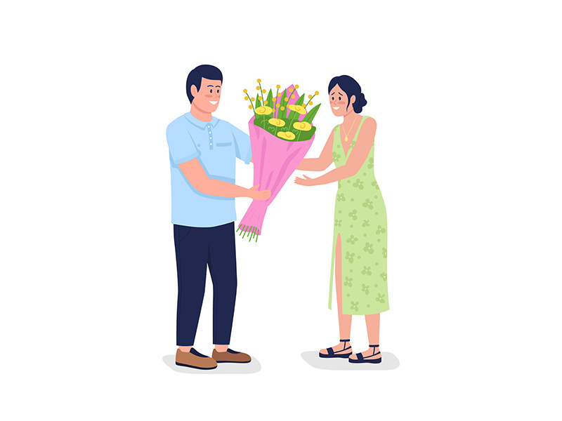 Caucasian man giving happy woman flowers flat color vector detailed characters