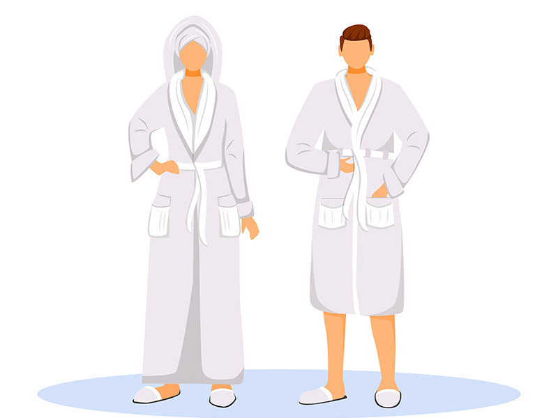 Hotel guests wearing bathrobes flat color vector illustration