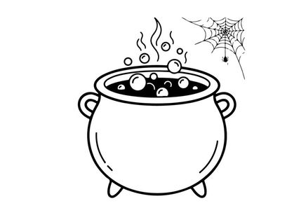 Boiling cauldron with bubbling liquid and rising steam. Classic witch pot emitting mystical smoke on sturdy tripod stand.