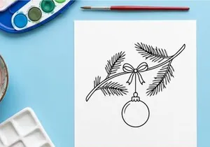 Christmas bauble hanging on a pine branch with a bow, hand drawn line art illustration.