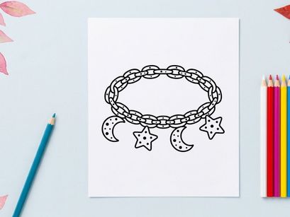 Hand-drawn Halloween charm bracelet with stars and moons. Whimsical festive jewelry featuring celestial and spooky motifs for seasonal accessories.