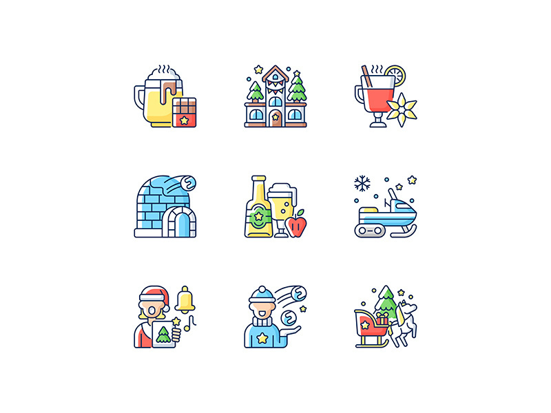 Winter season vacation RGB color icons set