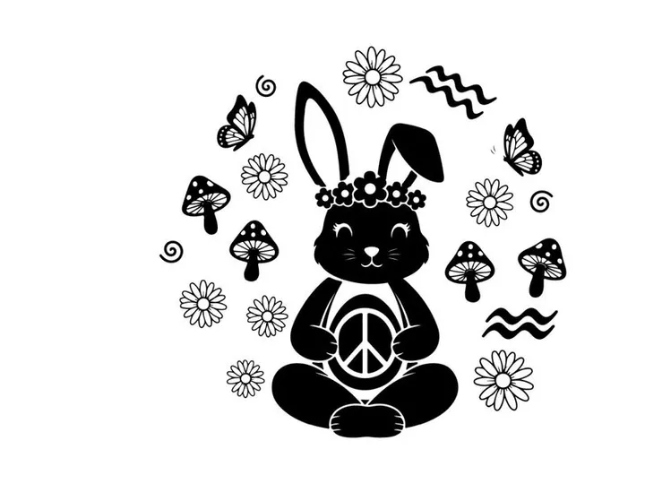 Peaceful silhouette bunny in flowers and mushrooms