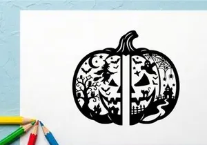 Halloween Pumpkin Silhouette with Witch, Moon, and Bats