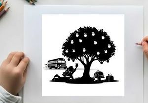 Silhouette of a person under a tree with lanterns and a bus