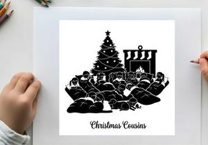 Christmas cousins silhouette gathering around fireplace by tree
