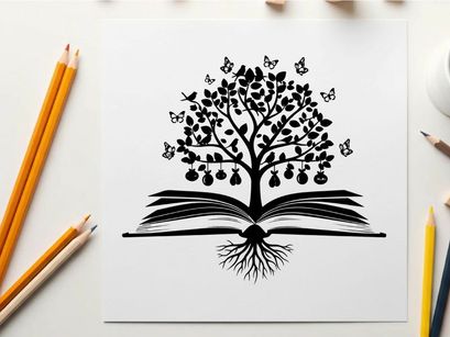 Silhouette of tree growing out of open book with butterflies