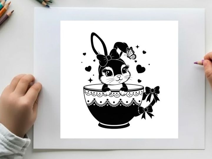 Adorable bunny silhouette in decorative teacup with butterfly