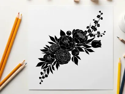 Silhouette of a bouquet of flowers and leaves arrangement