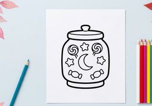 Hand-drawn Halloween cookie jar with moon and stars. Whimsical ceramic container for spooky season treats and baking supplies.
