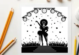 Silhouette of a drag queen performing on stage with confetti