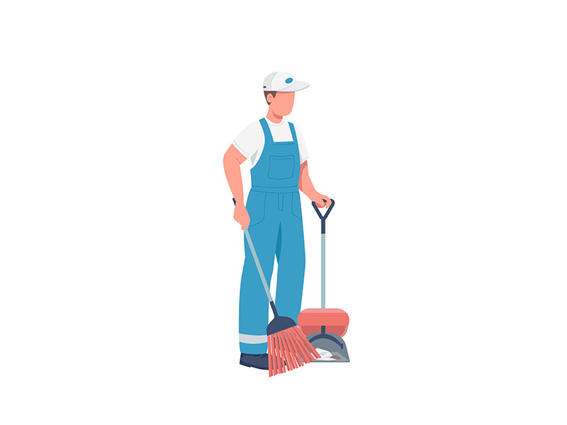 Janitor with broom flat color vector faceless character