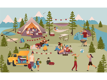 Holidaymakers in summer camp flat vector illustration preview picture