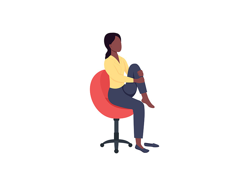 Woman in chair stretching leg flat color vector faceless character