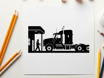 Silhouette of a man and a large truck at a gas station