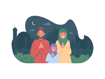 Happy arabian family pray on religious holiday 2D vector web banner, poster preview picture
