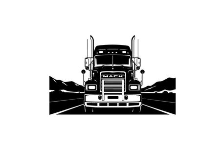 Mack truck silhouette on open road with mountains