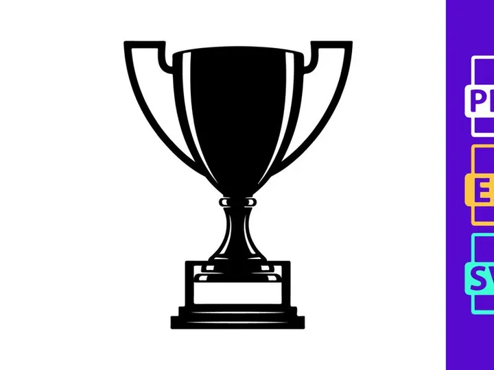 A black and white image of a trophy cup on a pedestal base