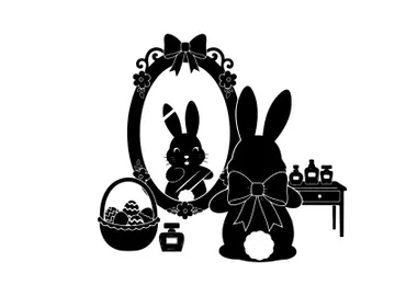 Easter bunny silhouette in front of ornate mirror with basket and cosmetics preview picture