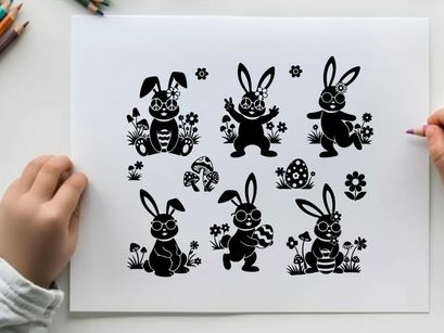 Silhouette of six adorable bunnies in flowers and butterflies