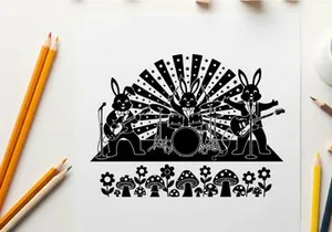 Silhouette of three rabbits playing music on stage with flowers and mushrooms