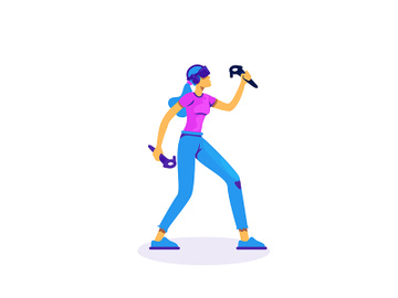 Woman play with VR controllers flat color vector faceless character preview picture