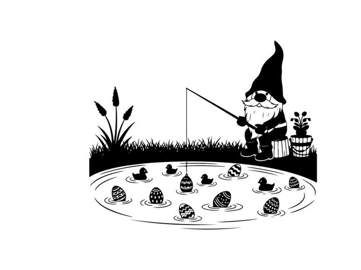 Gnome silhouette fishing for snails in a serene pond environment silhouette