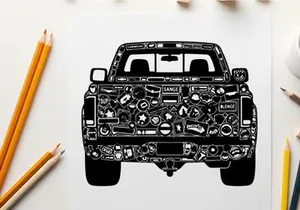 Silhouette of a pickup truck with detailed engine components in black and white
