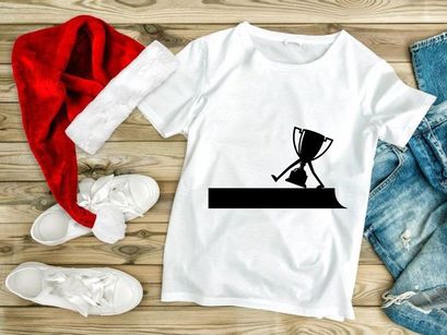 A cartoon trophy character walking on a ledge with a confident stride and a bell