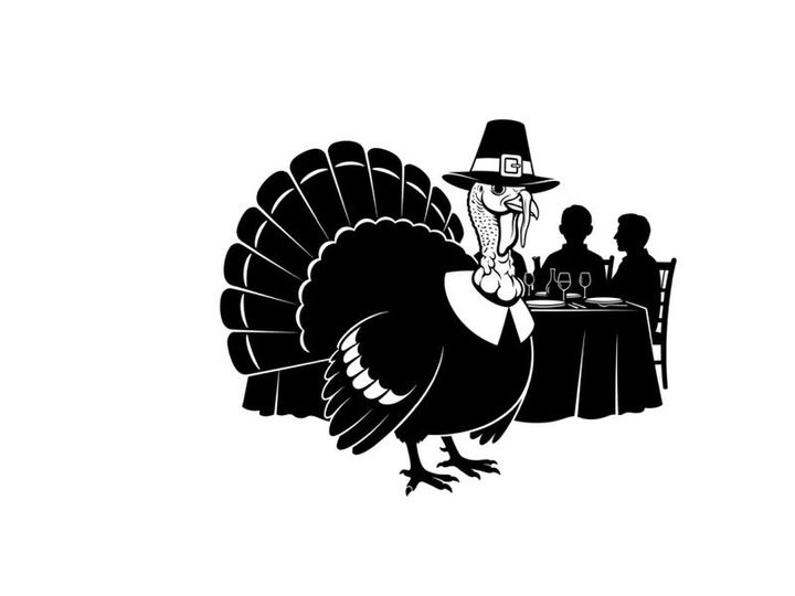 Pilgrim turkey silhouette at thanksgiving dinner table with family