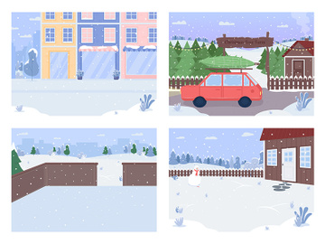 Winter city flat color vector illustration set preview picture