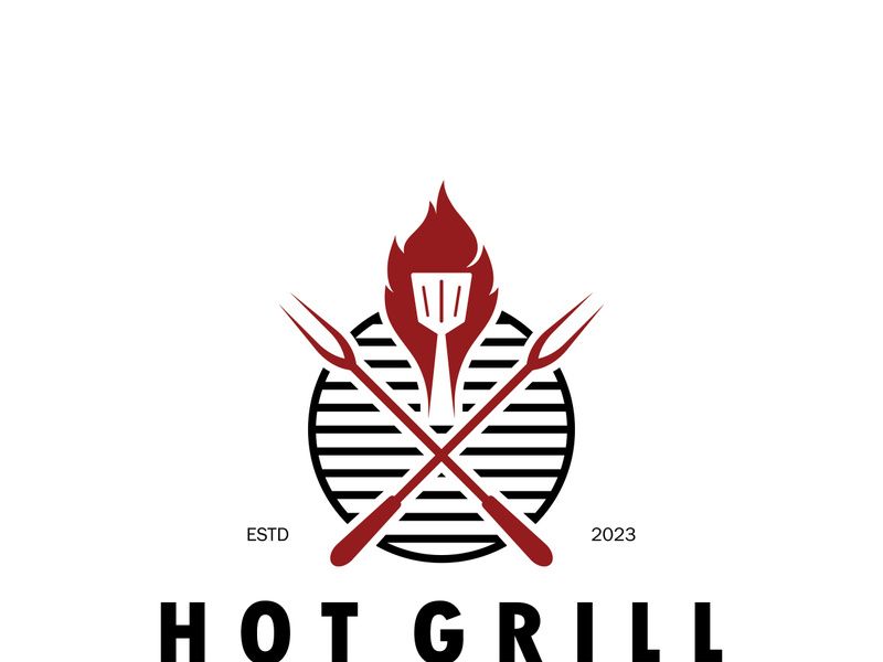 Grelha Vintage Simples de Churrasco, com chamas cruzadas e espátula. Logotipo para restaurante, crachá, café e bar.vector