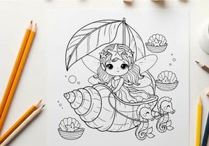 Fairy with umbrella and mushrooms vector illustration