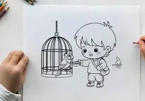 Boy feeding bird in cage flat design vector illustration