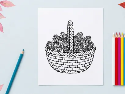 Line Art Illustration of a Wicker Basket Filled with Pine Cones