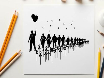 Silhouette of a crowd with a man holding a heart shaped balloon