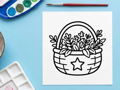 Cesta de vime com ilustração de flores. Arranjo floral desenhado à mão em uma cesta em formato de estrela.