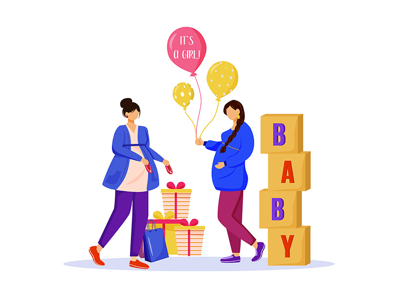 Pregnant women with baby shower gifts flat vector illustration