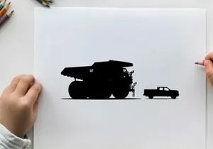 Silhouette of a large mining truck and a small pickup truck