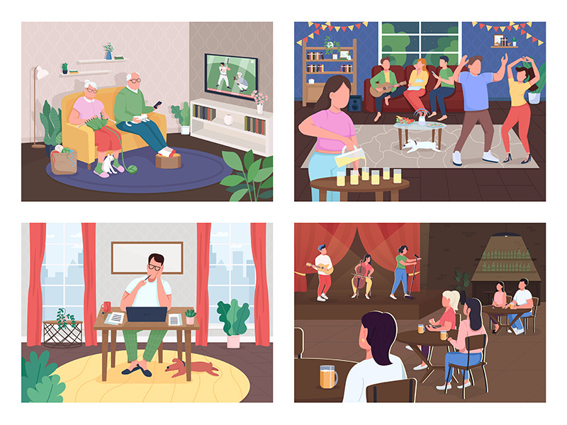 Entertainment activities flat color vector illustration set