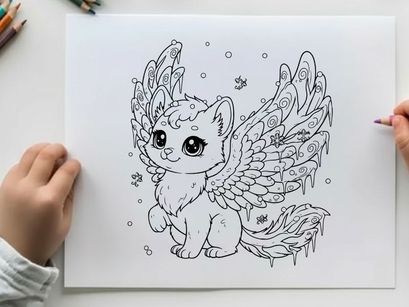 Cute white cat with angel wings vector illustration