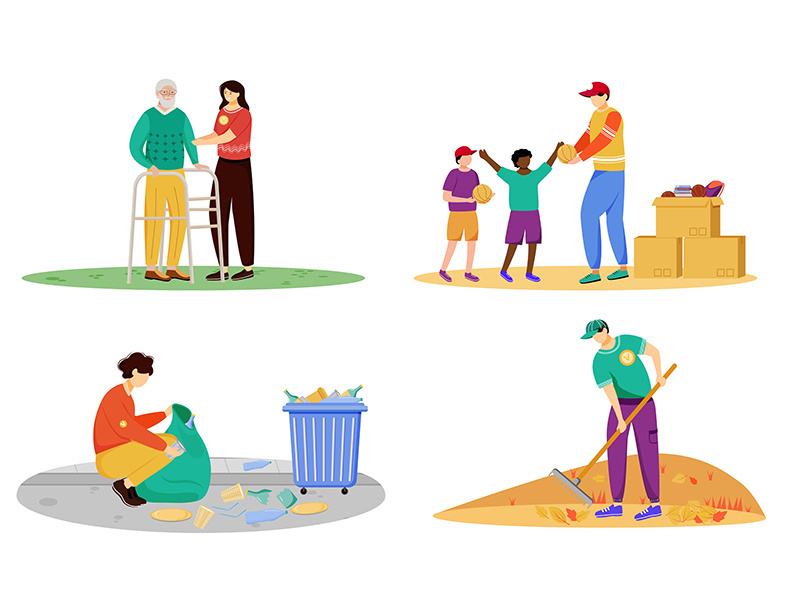 Charity activities flat vector illustrations set