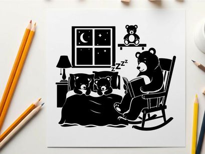 A silhouette of a bear reading to sleeping cubs