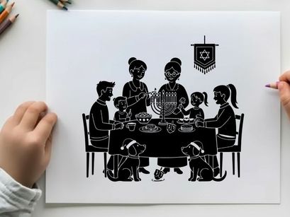 Family celebrating hanukkah with menorah silhouette