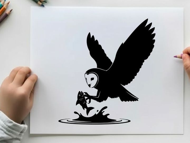Silhouette of an owl swooping down to catch a fish