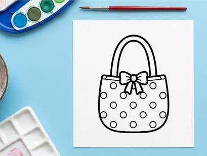 Kantung hadiah bergambar titik-titik buatan tangan dengan pita untuk perayaan. Ilustrasi tote belanja kartun lucu untuk hari libur dan pesta.