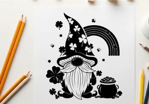 St patrick's day gnome silhouette with rainbow and shamrocks