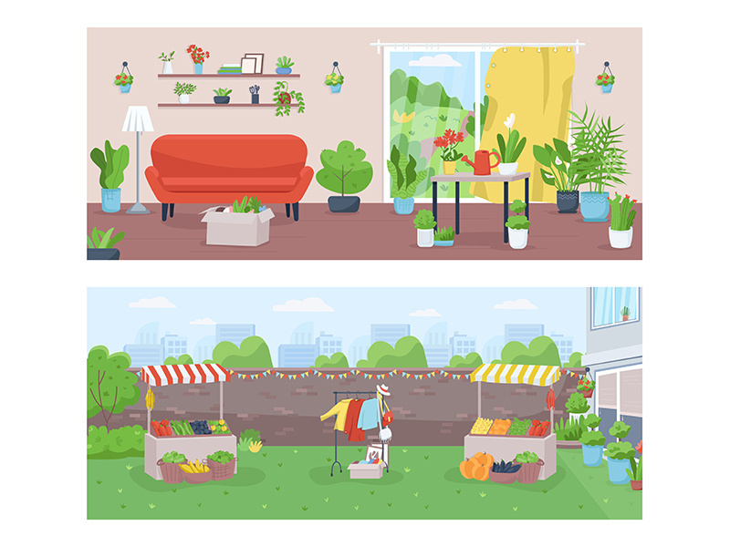 Gardening and farming flat color vector illustration set