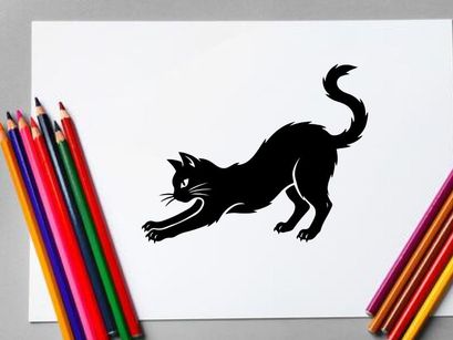 Gato negro estirándose juguetón sobre fondo blanco